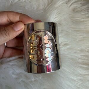Tory Burch Shiny Silver Logo Cuff